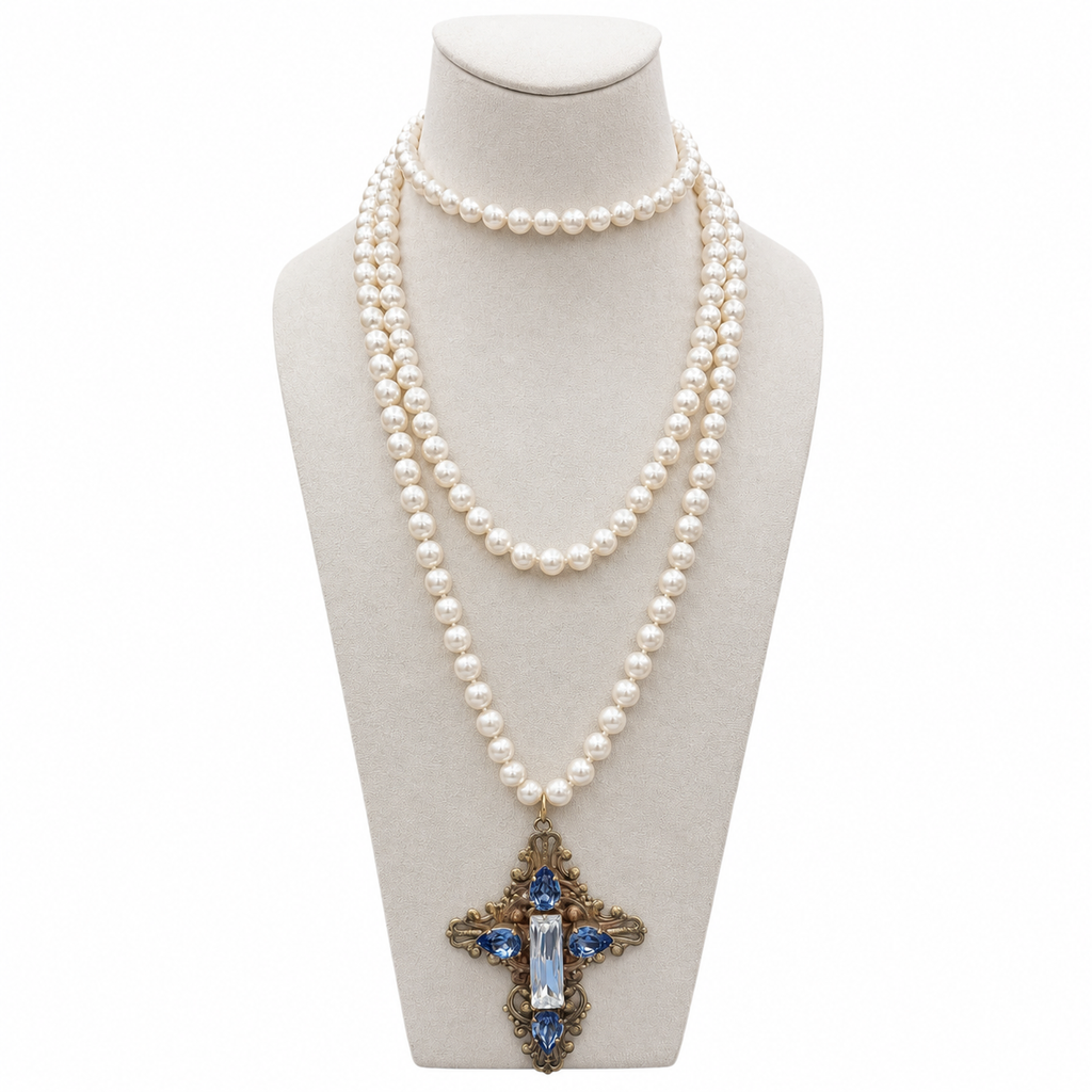 Collier perles vintage & croix baroque artisanale – bijou Apara