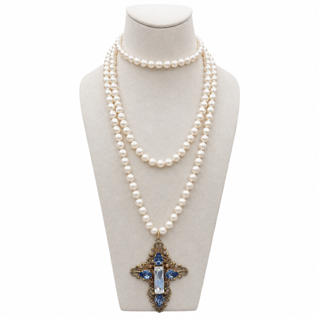 Collier perles vintage & croix baroque artisanale – bijou Apara