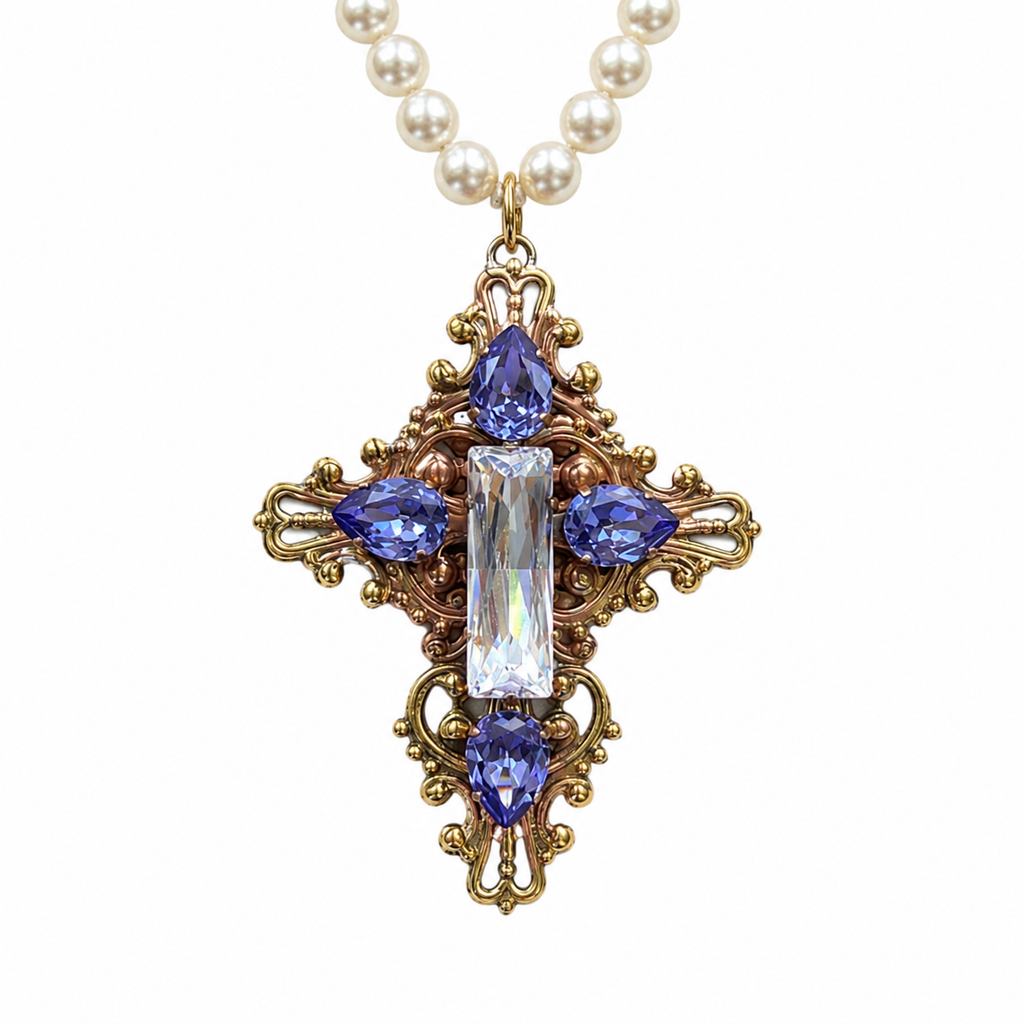 Collier perles vintage & croix baroque artisanale – bijou Apara