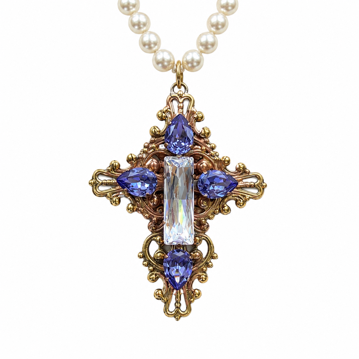 Collier perles vintage & croix baroque artisanale – bijou Apara