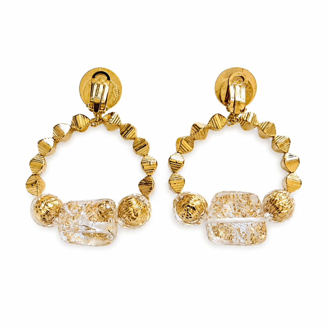 Boucles d’Oreilles Upcyclées Dorées & Résine Transparente – Pièce Unique