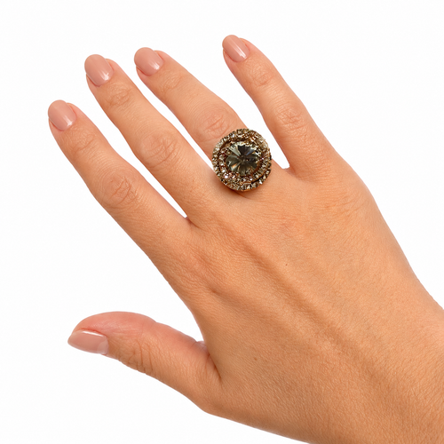 Bague cocktail vintage italienne années 80 – cristal fumé et strass dorés