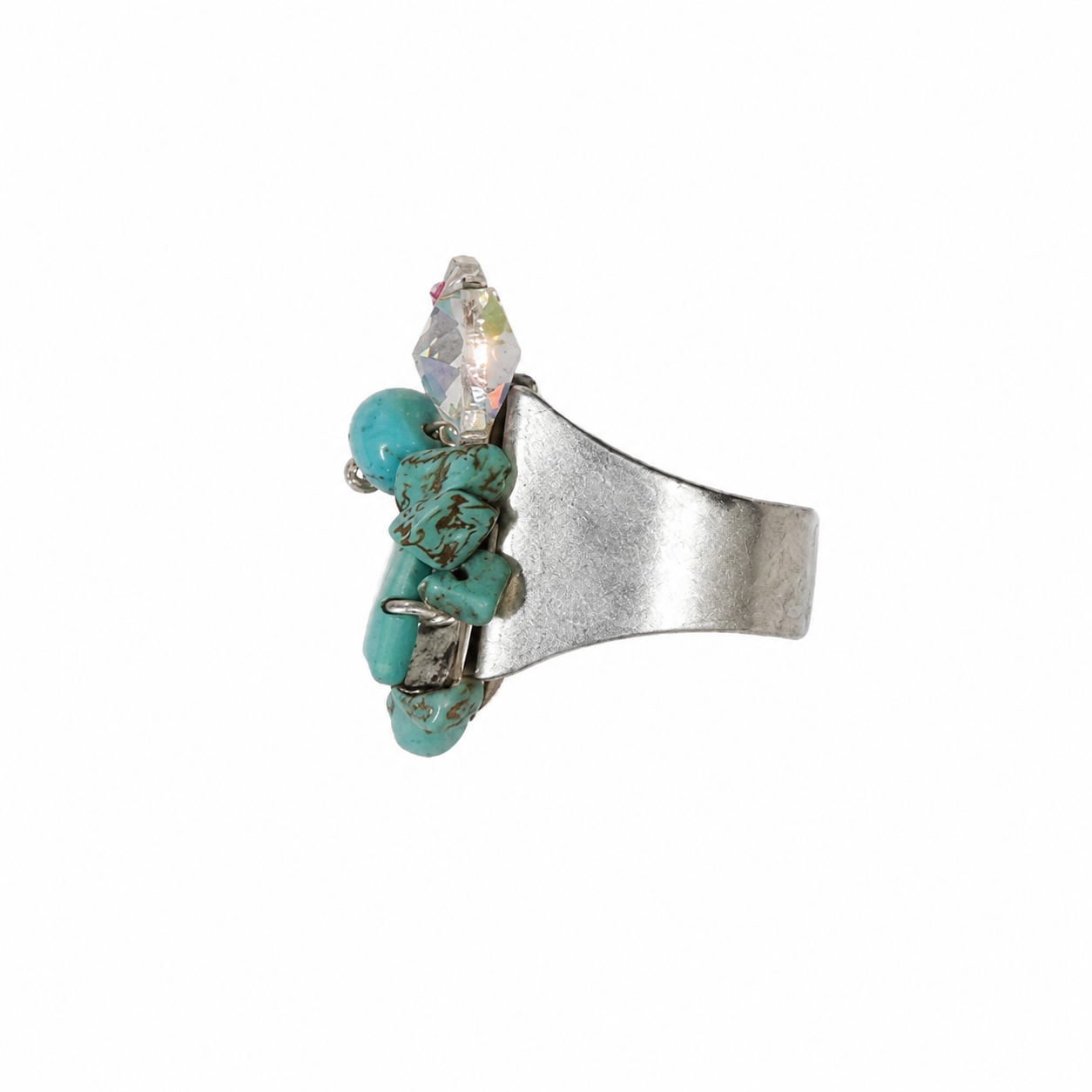 Bague vintage italienne  – turquoise, corail en résine rouge et cristal irisé