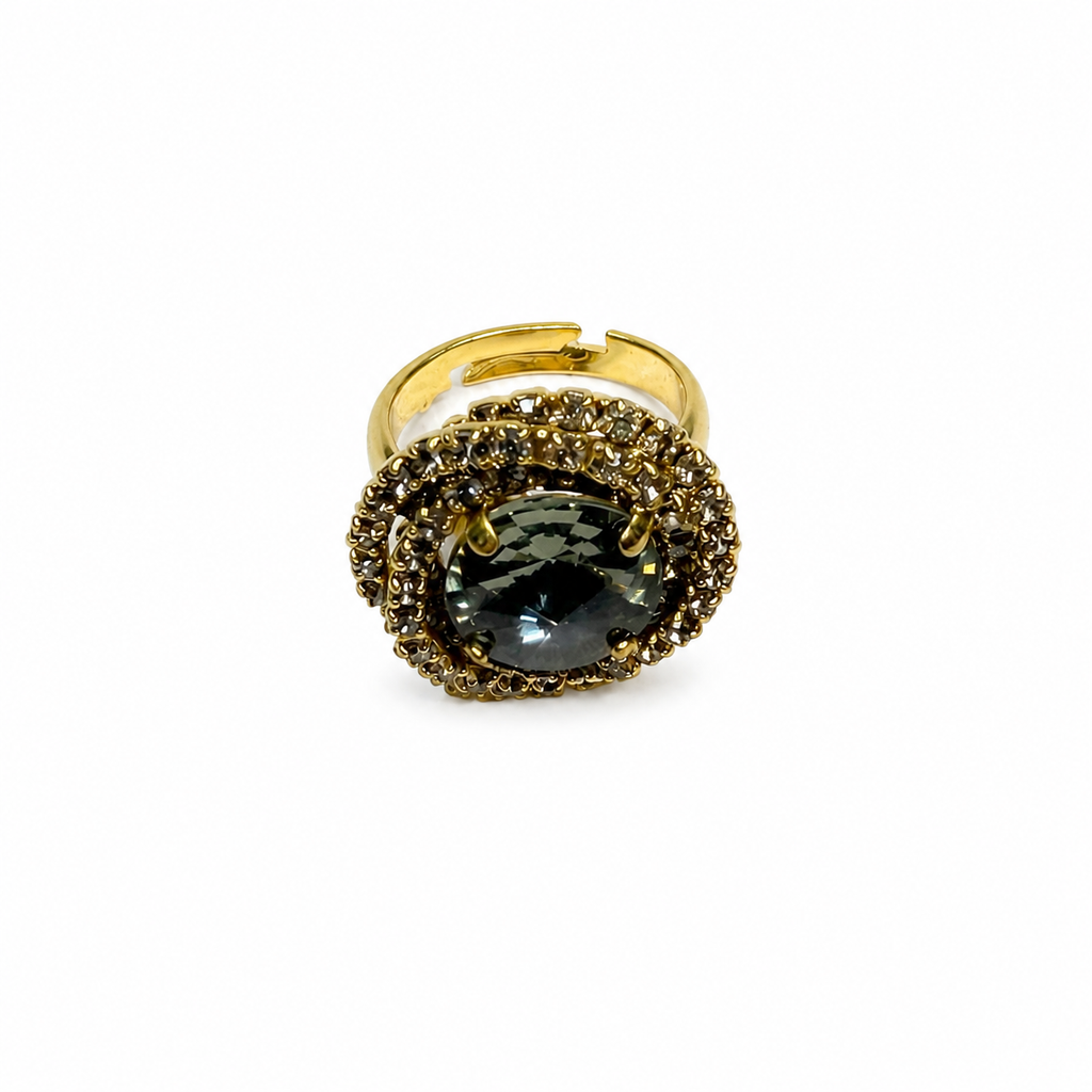 Bague cocktail vintage italienne années 80 – cristal fumé et strass dorés