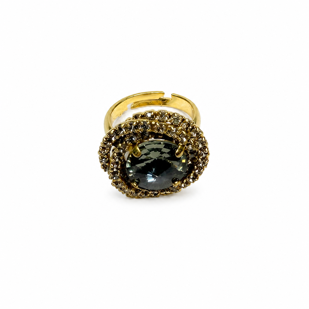 Bague cocktail vintage italienne années 80 – cristal fumé et strass dorés