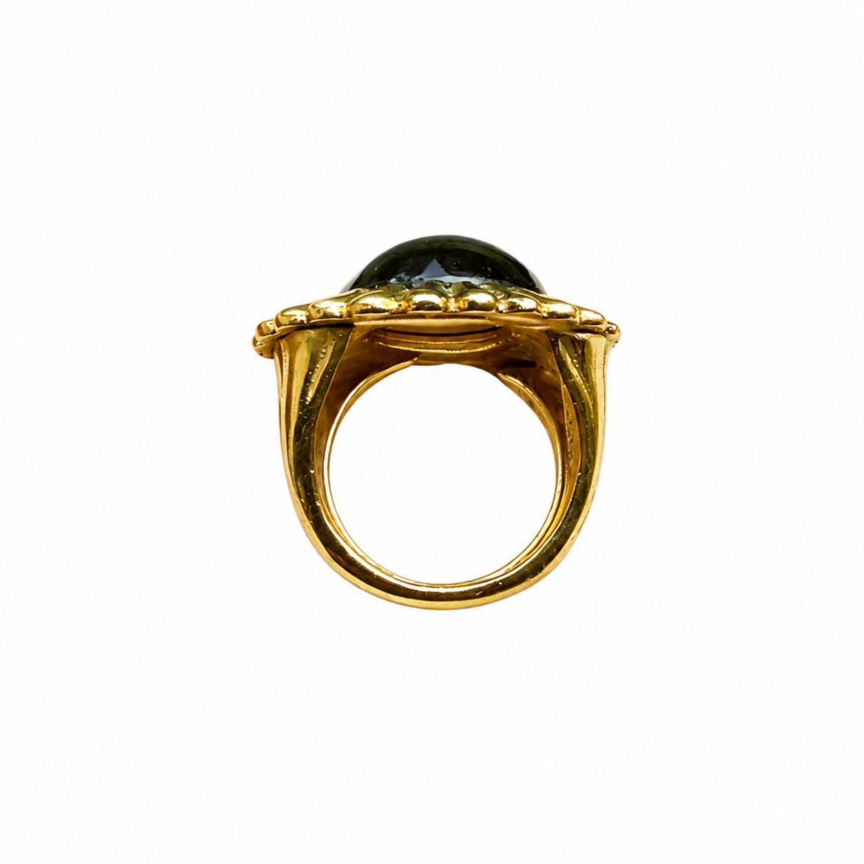 Bague vintage dorée à cabochon vert – Circa 1980