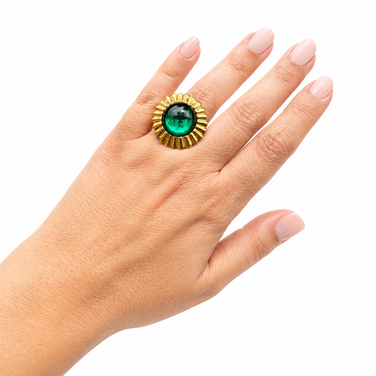 Bague vintage dorée à cabochon vert – Circa 1980