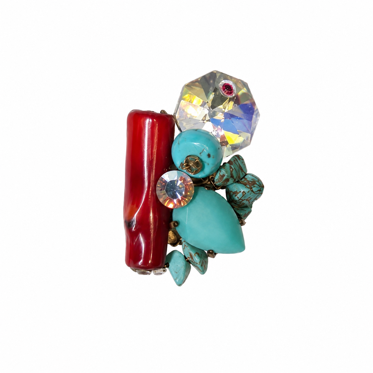 Bague vintage italienne  – turquoise, corail en résine rouge et cristal irisé
