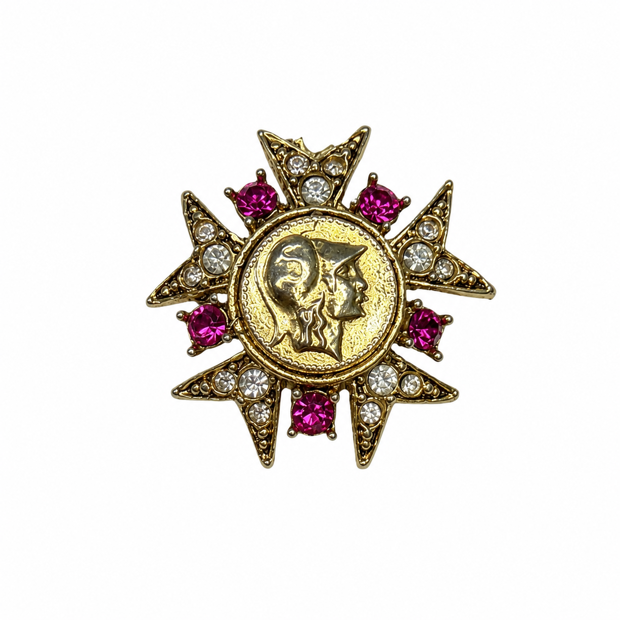 Bague vintage italienne soleil baroque – strass roses & médaille antique