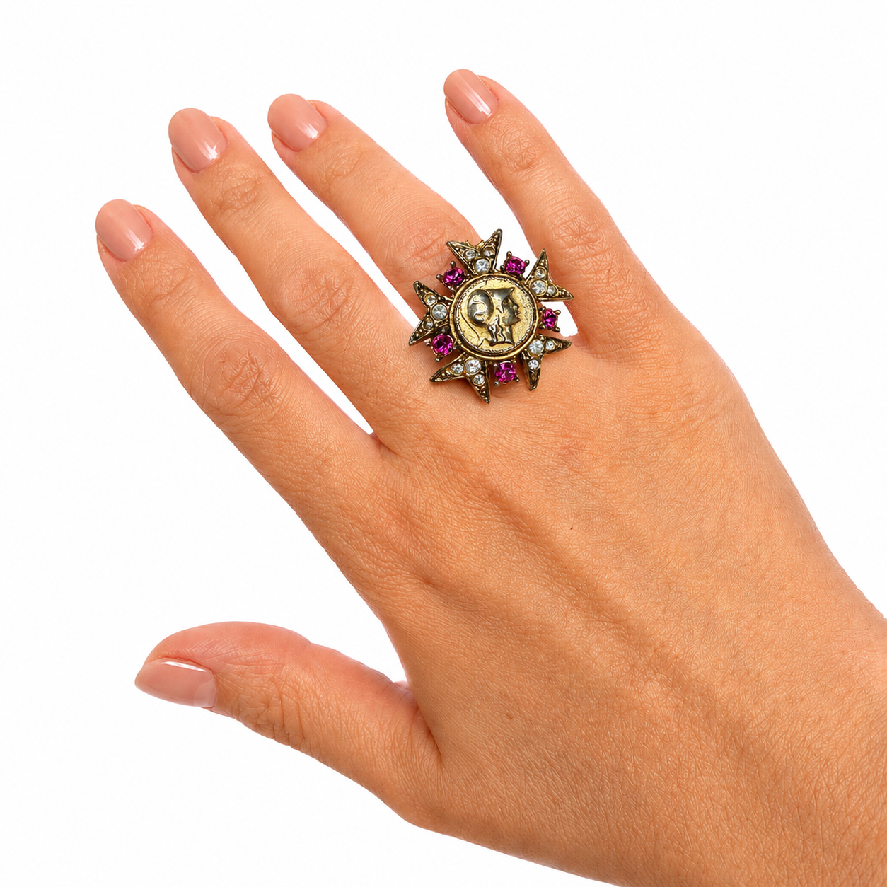 Bague vintage italienne soleil baroque – strass roses & médaille antique
