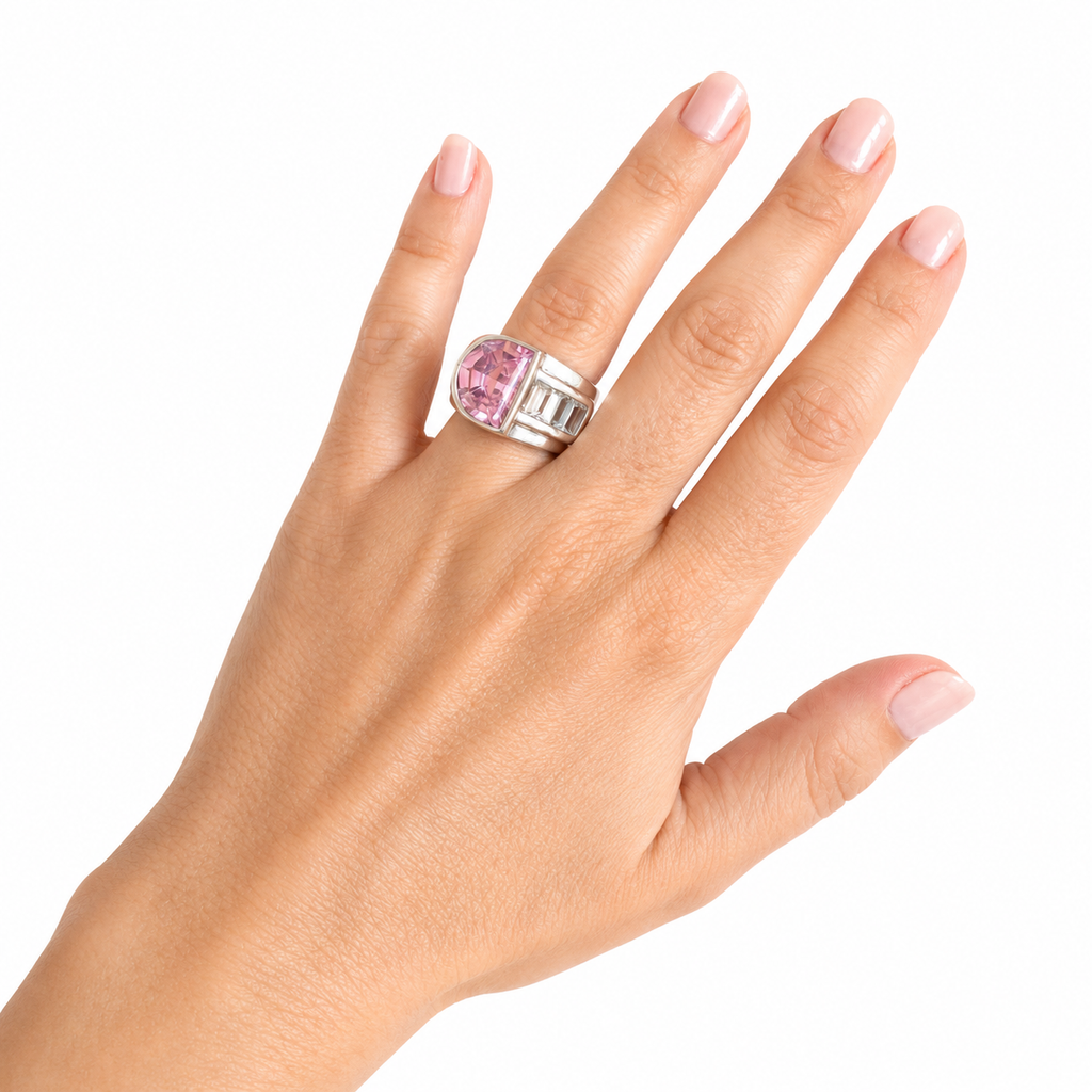 Bague vintage italienne cristal rose –  années 1980