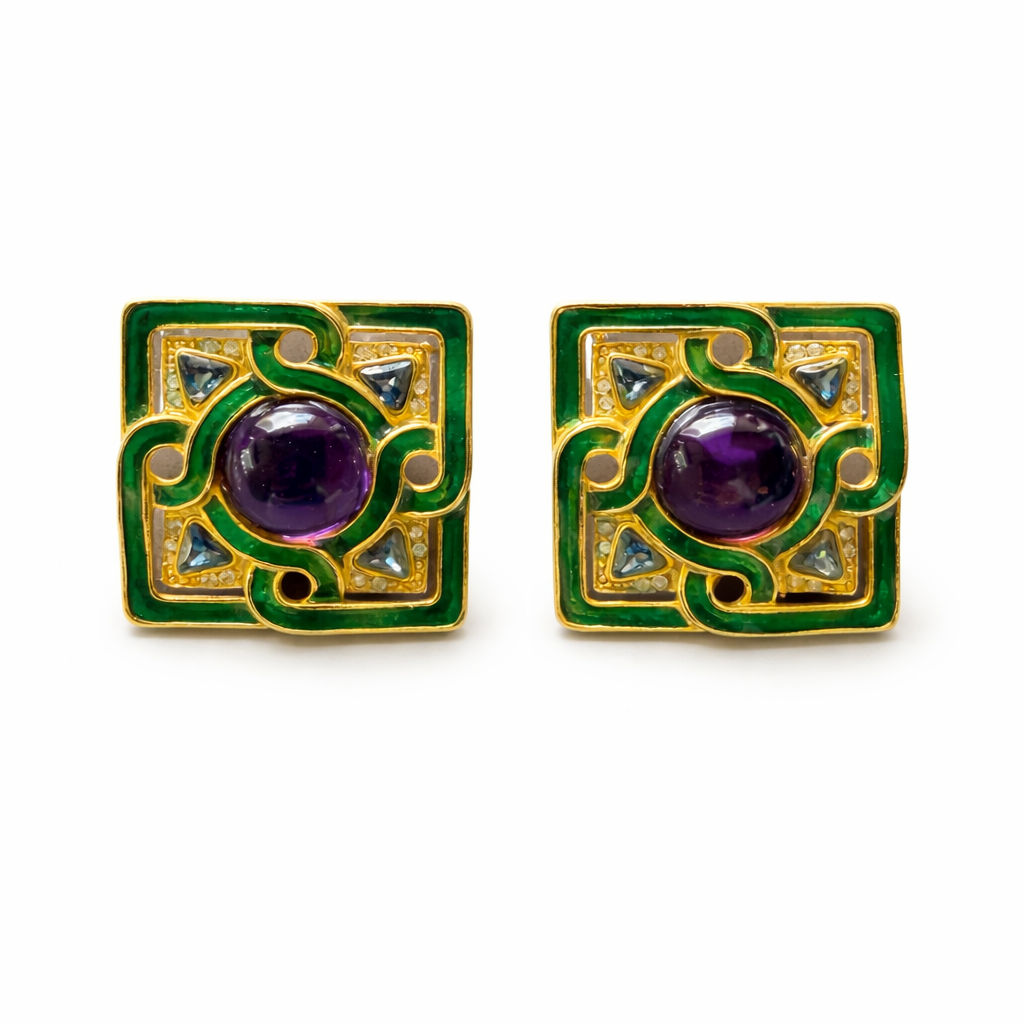 Boucles d’oreilles Craft vintage émail vert & cabochon violet