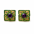 Boucles d’oreilles Craft vintage émail vert & cabochon violet