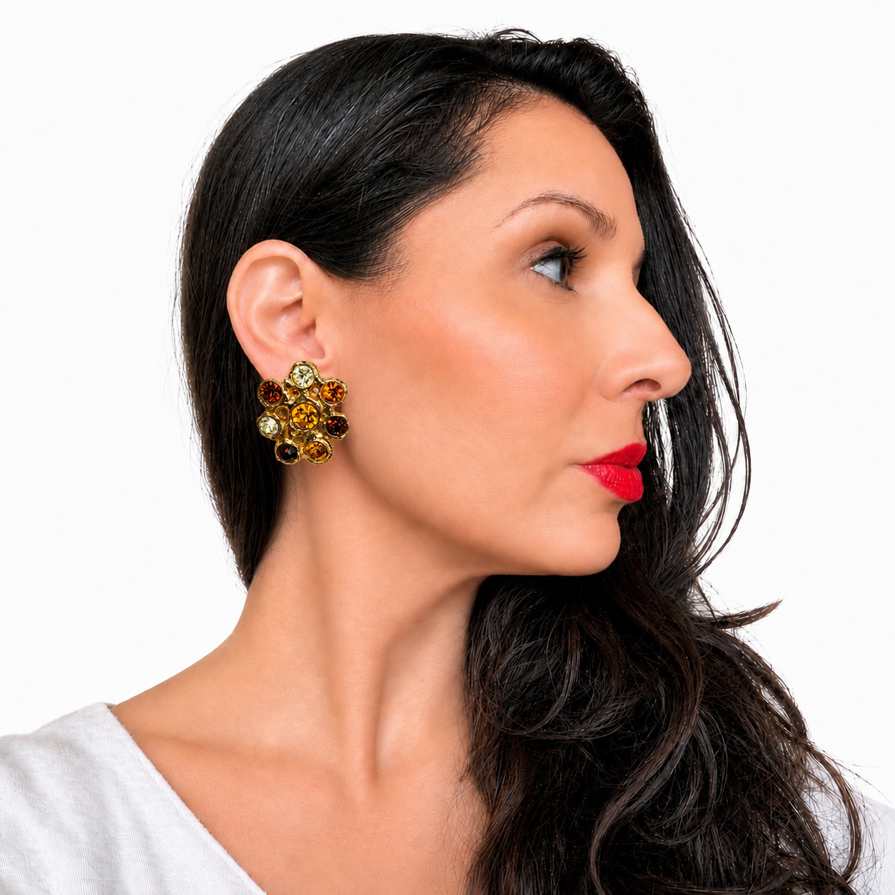 Boucles d’oreilles vintage italiennes années 80 – cristaux ambrés & métal doré