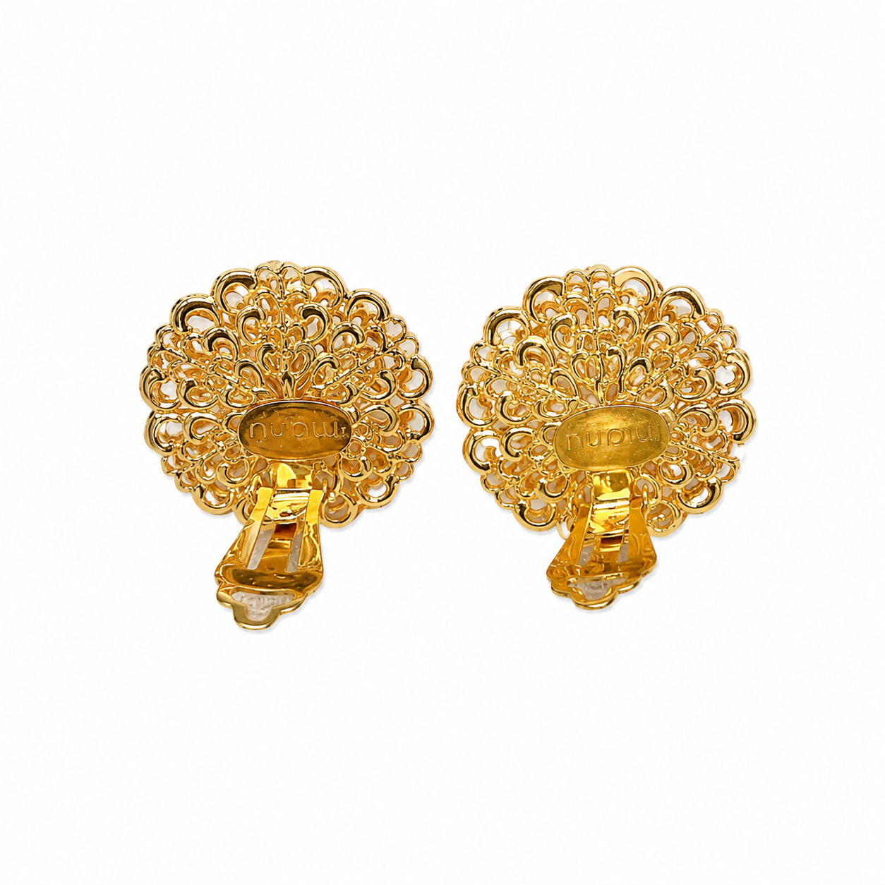 Boucles d’oreilles vintage MARU dorées & cabochon vert – Clip années 70
