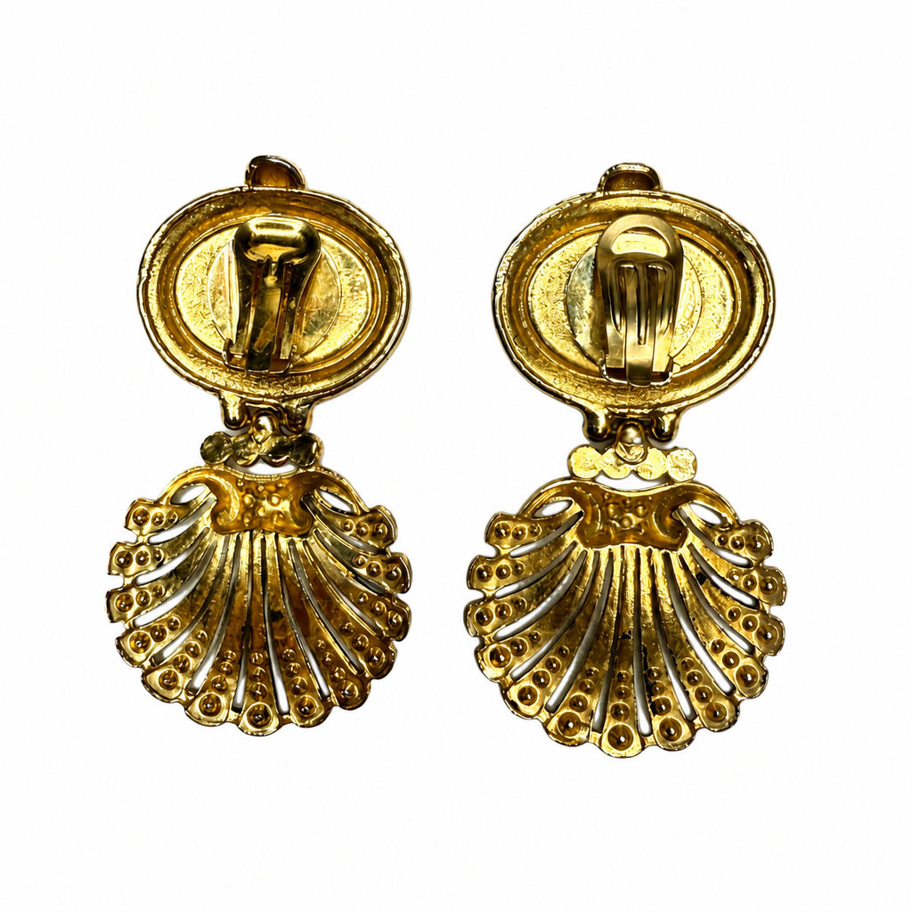 Boucles d’oreilles vintage italiennes années 80 – cabochon noir et strass (atelier fermé)