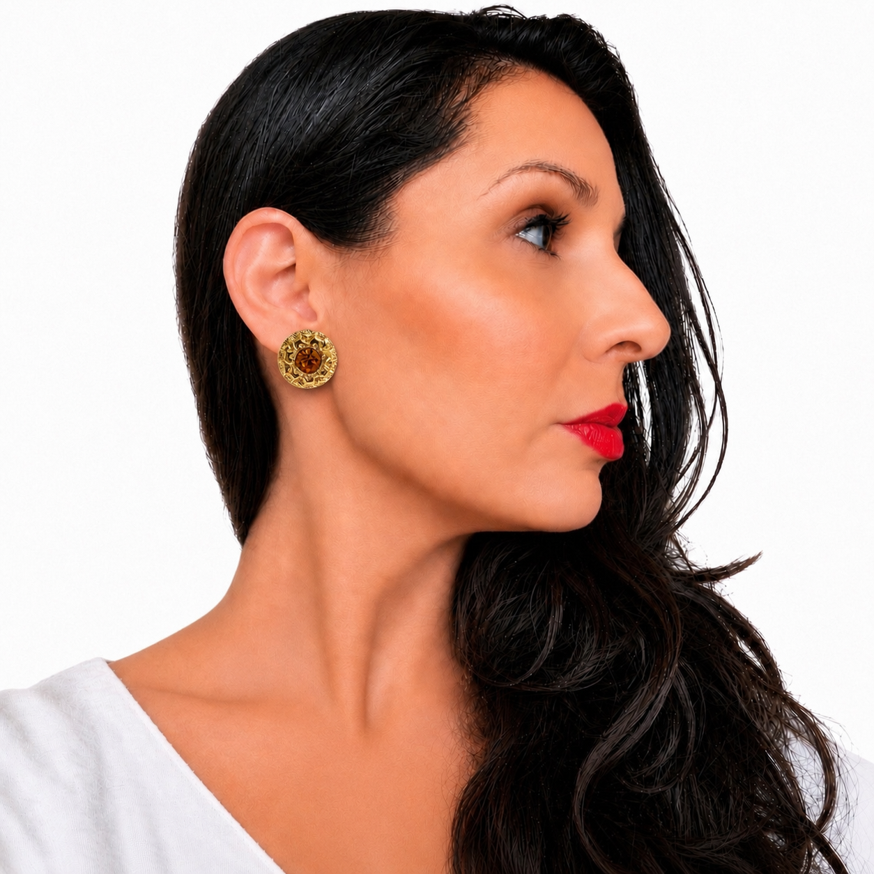 Boucles d’oreilles vintage Agatha dorées & cristal miel – Années 1980