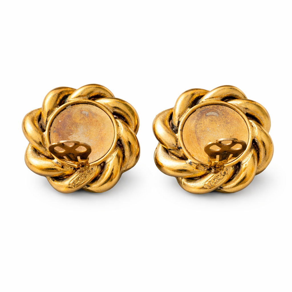 Boucles d’oreilles Jacky de G dorées & cabochons vert – Années 80