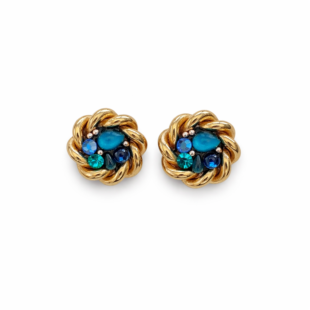 Boucles d’oreilles Jacky de G dorées & cabochons bleus – Années 80