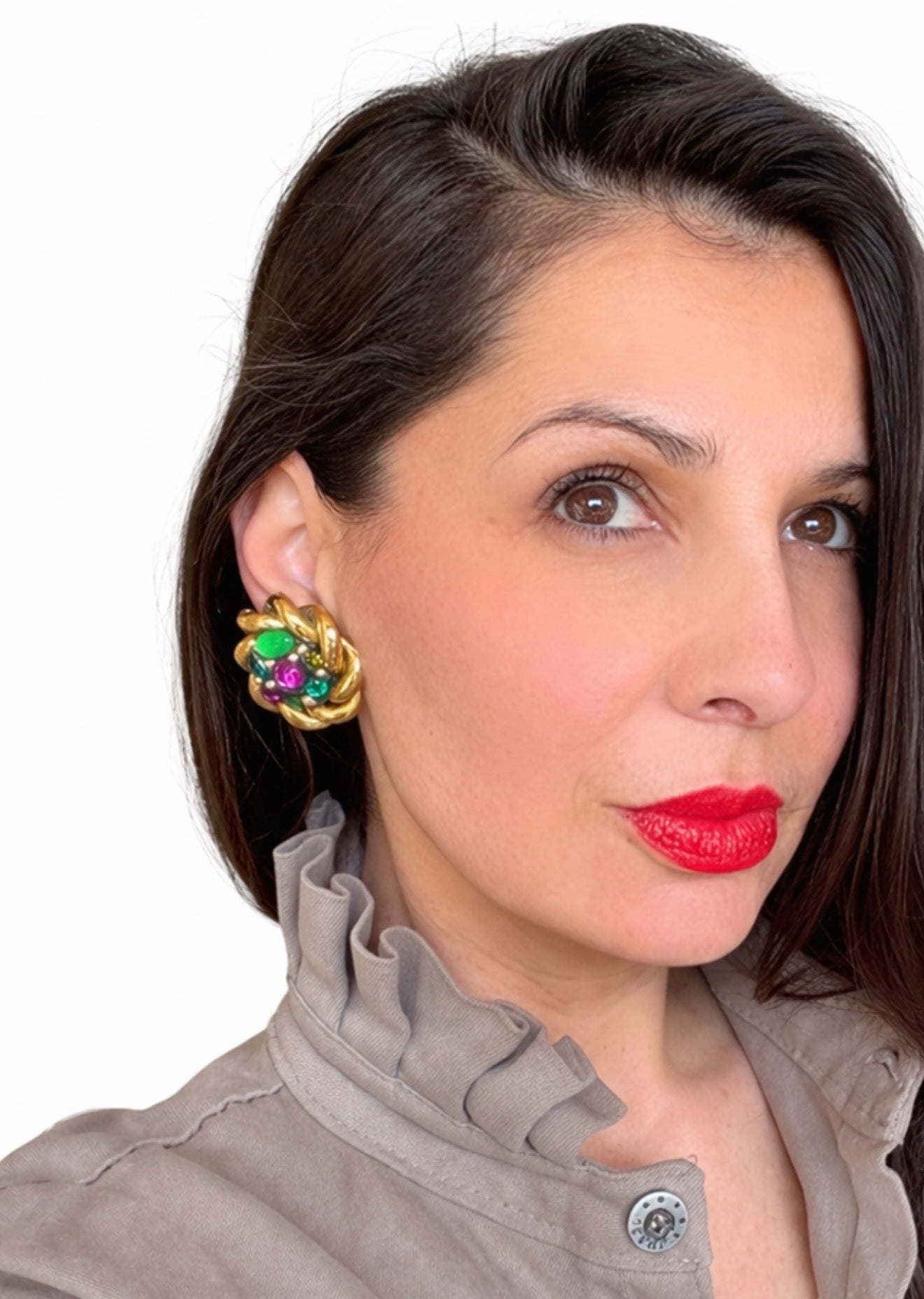 Boucles d’oreilles Jacky de G dorées & cabochons vert – Années 80