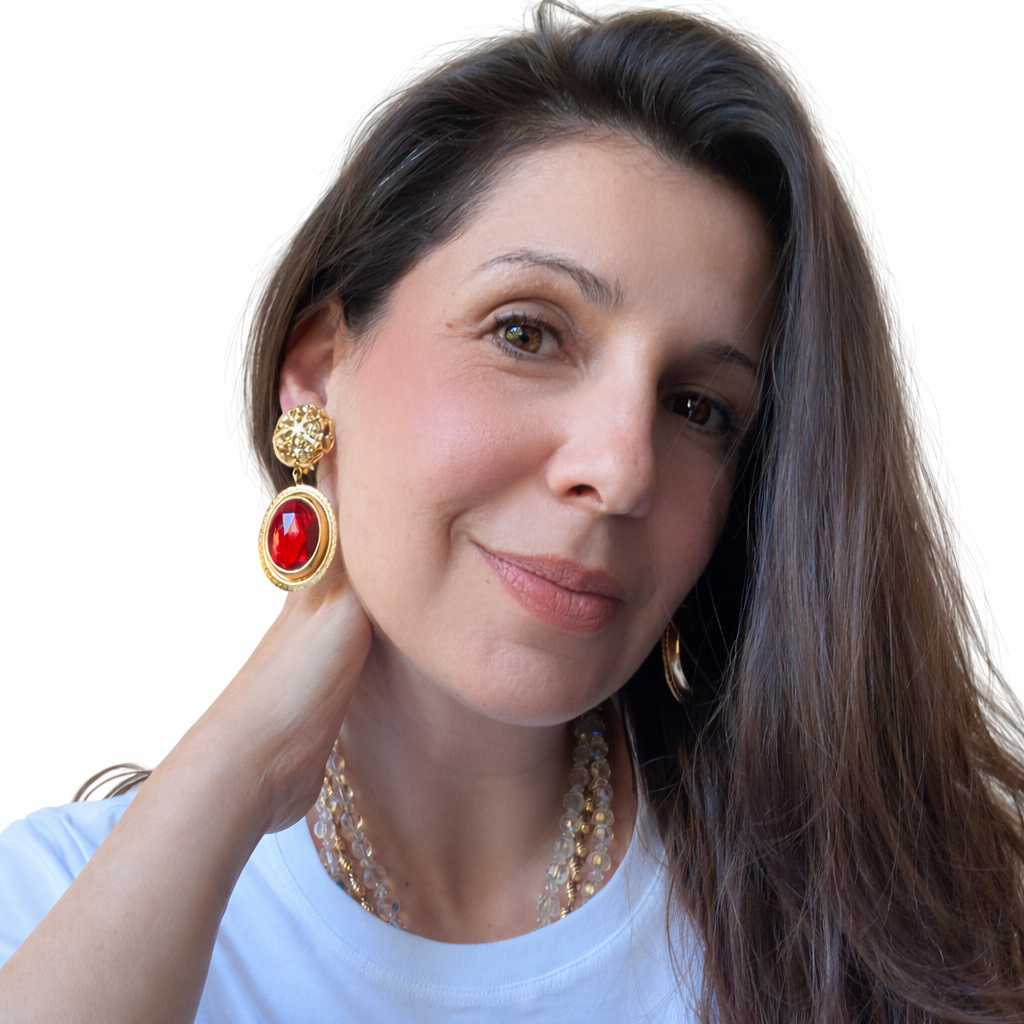Boucles d’oreilles Villani vintage 80’s – cabochon rouge & doré baroque