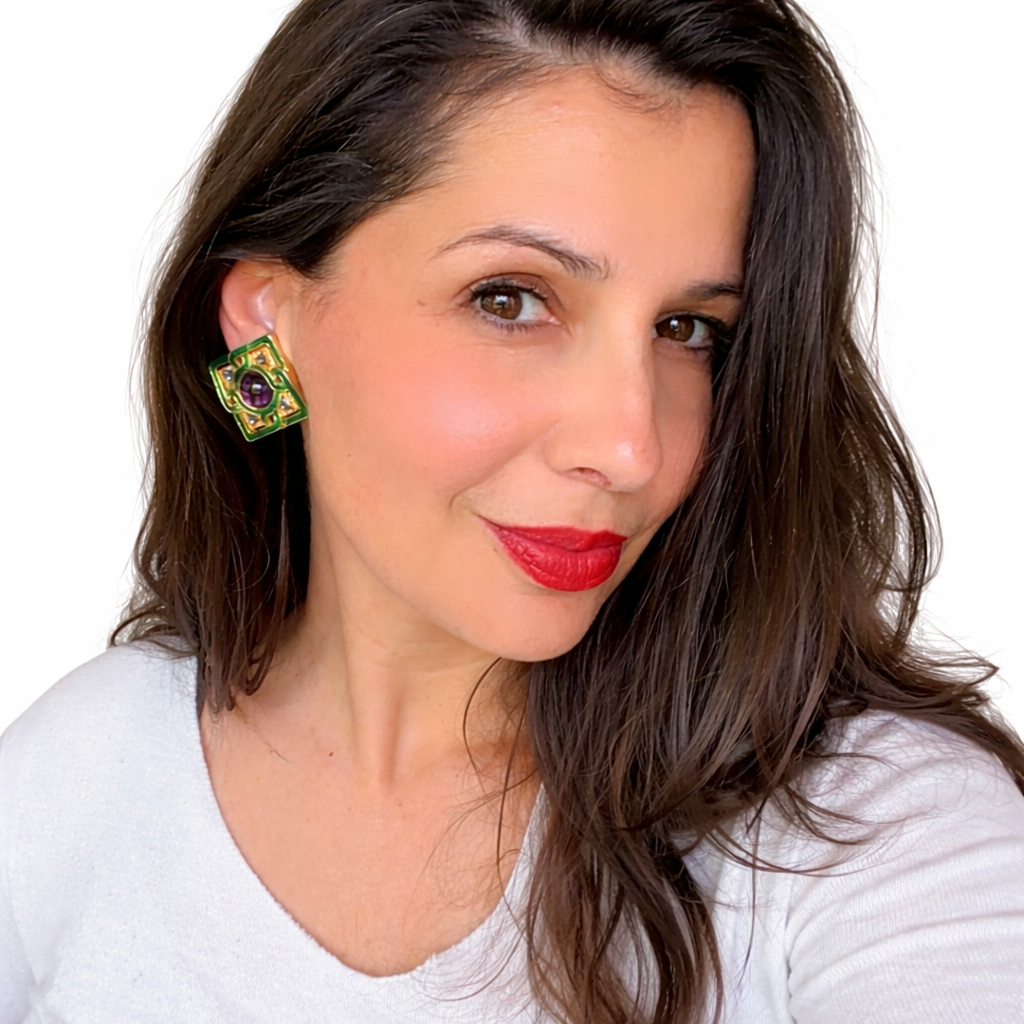 Boucles d’oreilles Craft vintage émail vert & cabochon violet