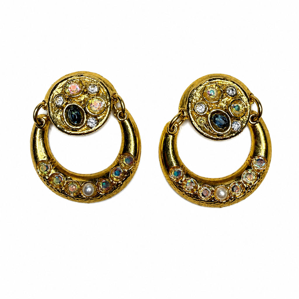 Boucles d’oreilles vintage italiennes années 80 – créoles dorées et cristaux irisés