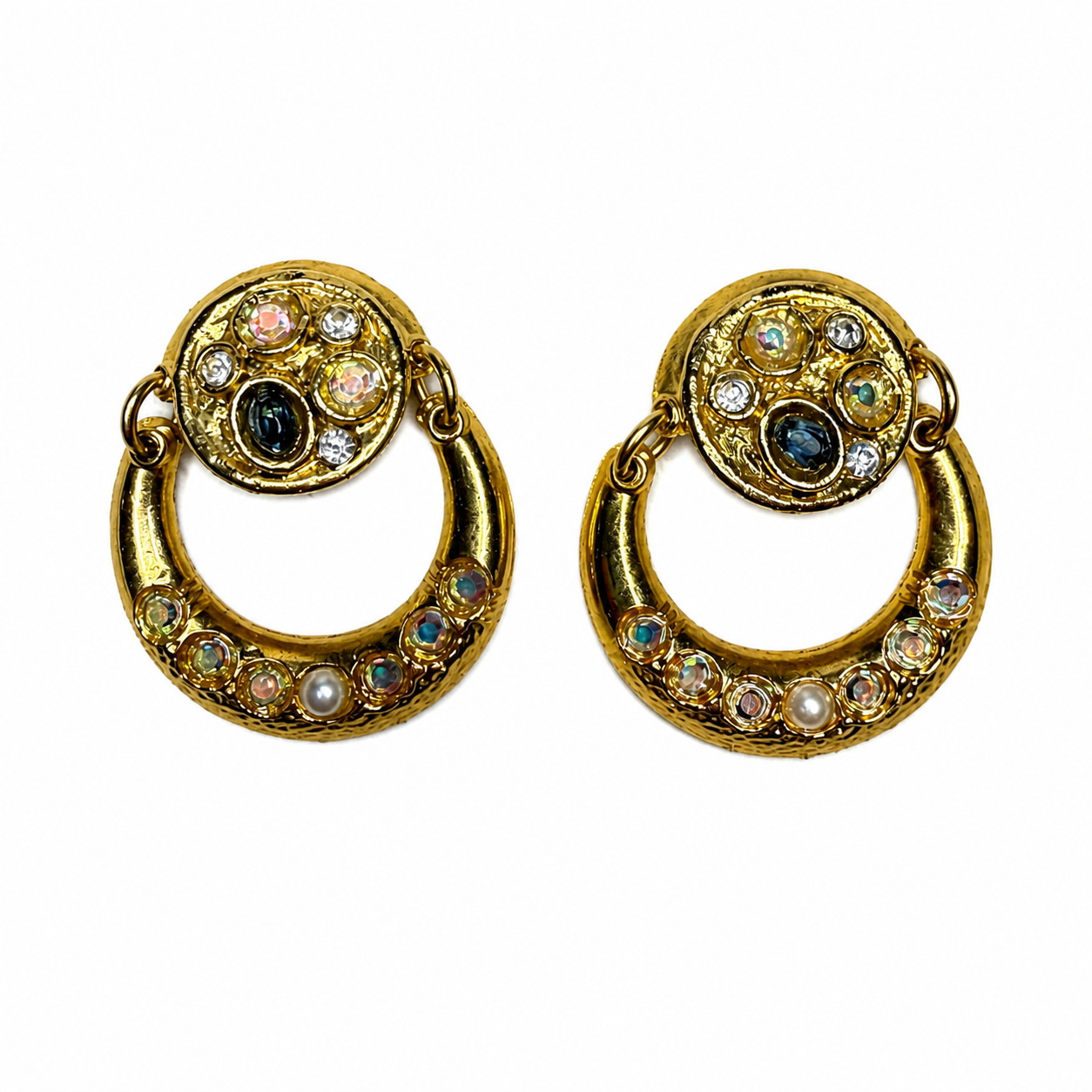 Boucles d’oreilles vintage italiennes années 80 – créoles dorées et cristaux irisés