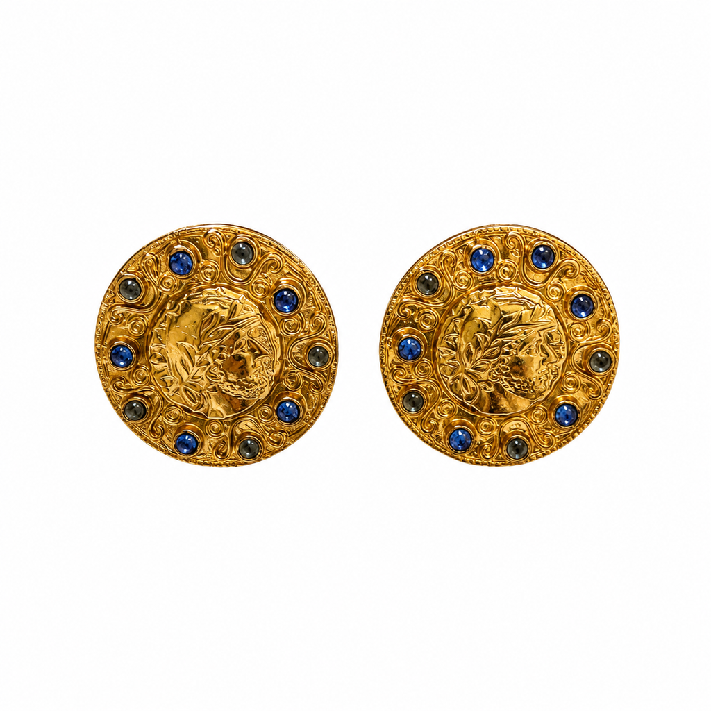 Boucles d'oreilles B&W Médaillon Antique bleu - Circa 80's