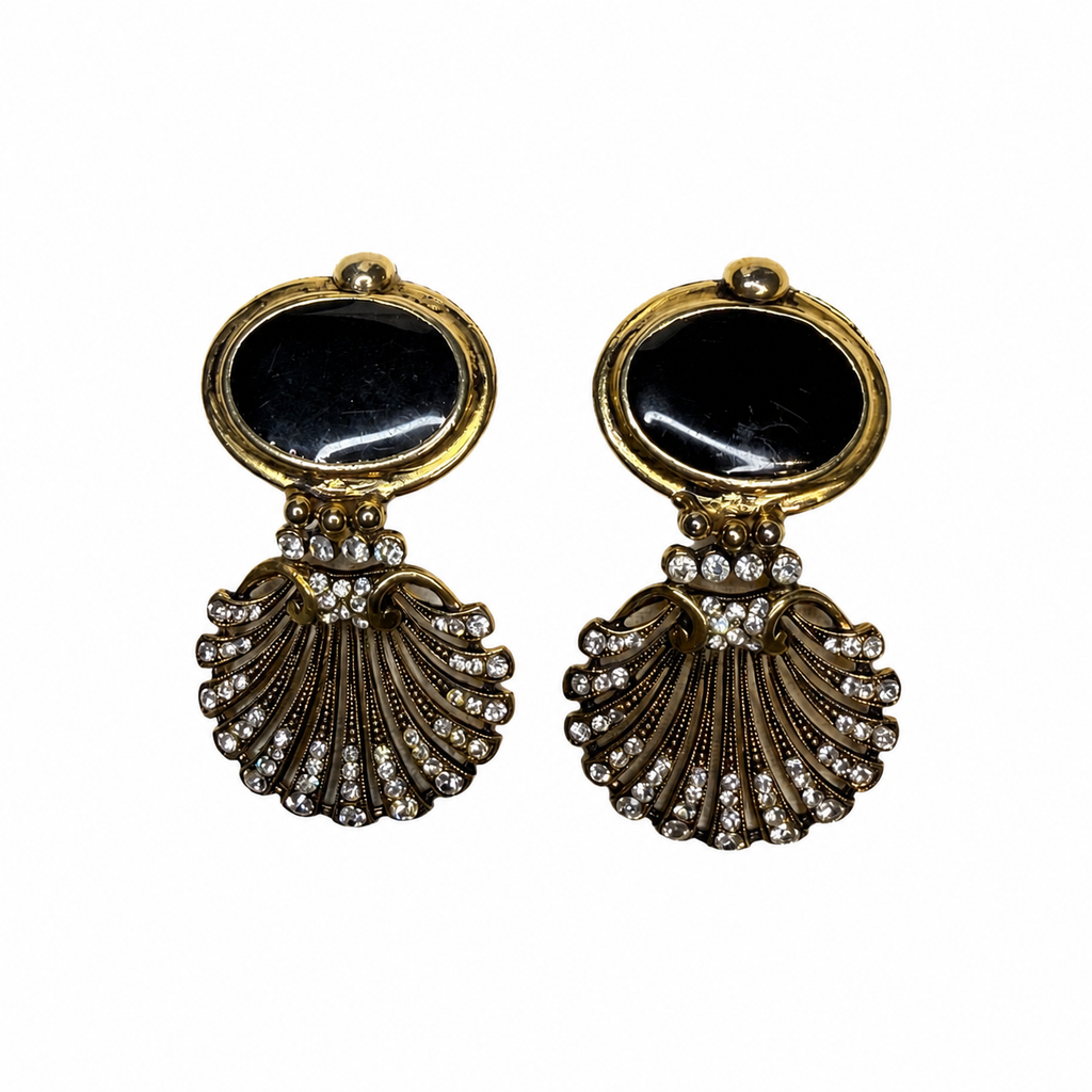 Boucles d’oreilles vintage italiennes années 80 – cabochon noir et strass (atelier fermé)