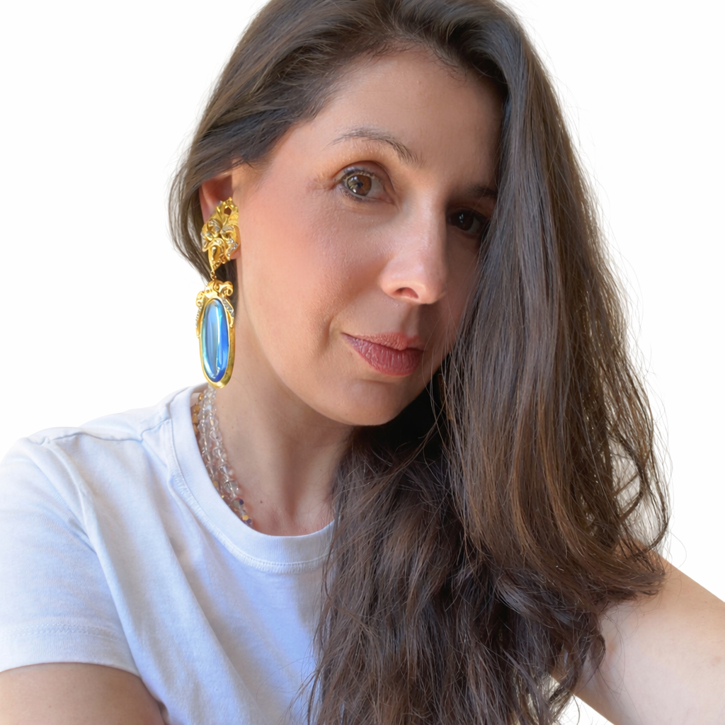 Boucles d’oreilles vintage Nadir– cabochon bleu & dorure baroque – Atelier italien