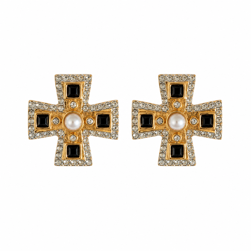 Boucles d’oreilles croix dorée & perle – Esprit baroque chic