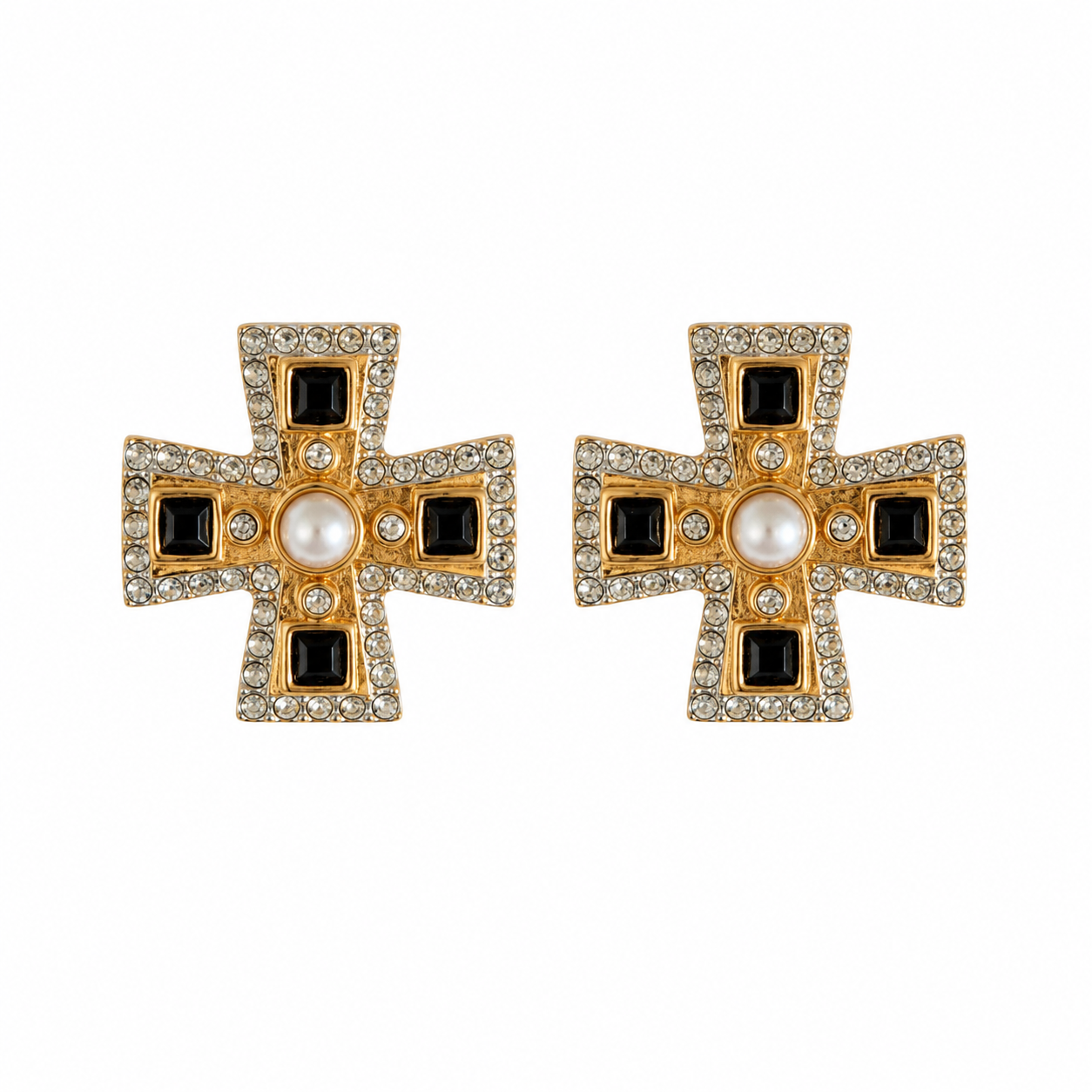 Boucles d’oreilles croix dorée & perle – Esprit baroque chic