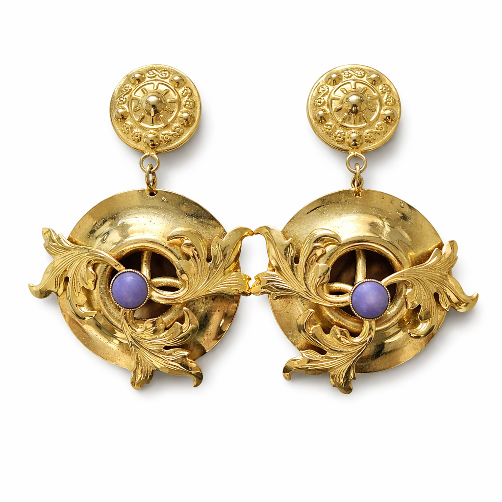 Boucles d’oreilles vintage dorées ornées de cabochons en résine violets