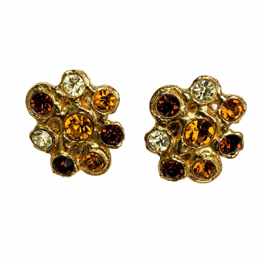 Boucles d’oreilles vintage italiennes années 80 – cristaux ambrés & métal doré