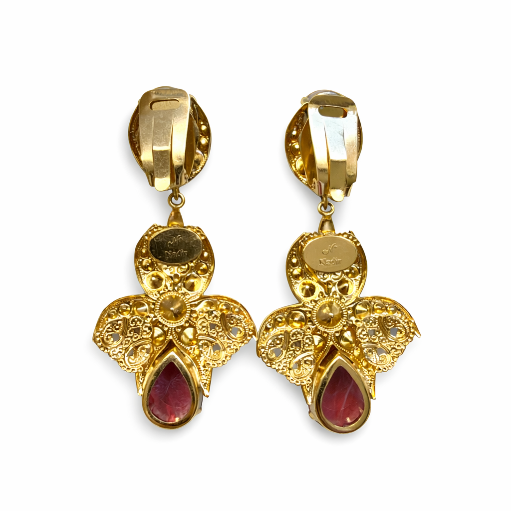 Boucles d’oreilles vintage Nadir – Cristaux roses & dorure baroque – Atelier italien