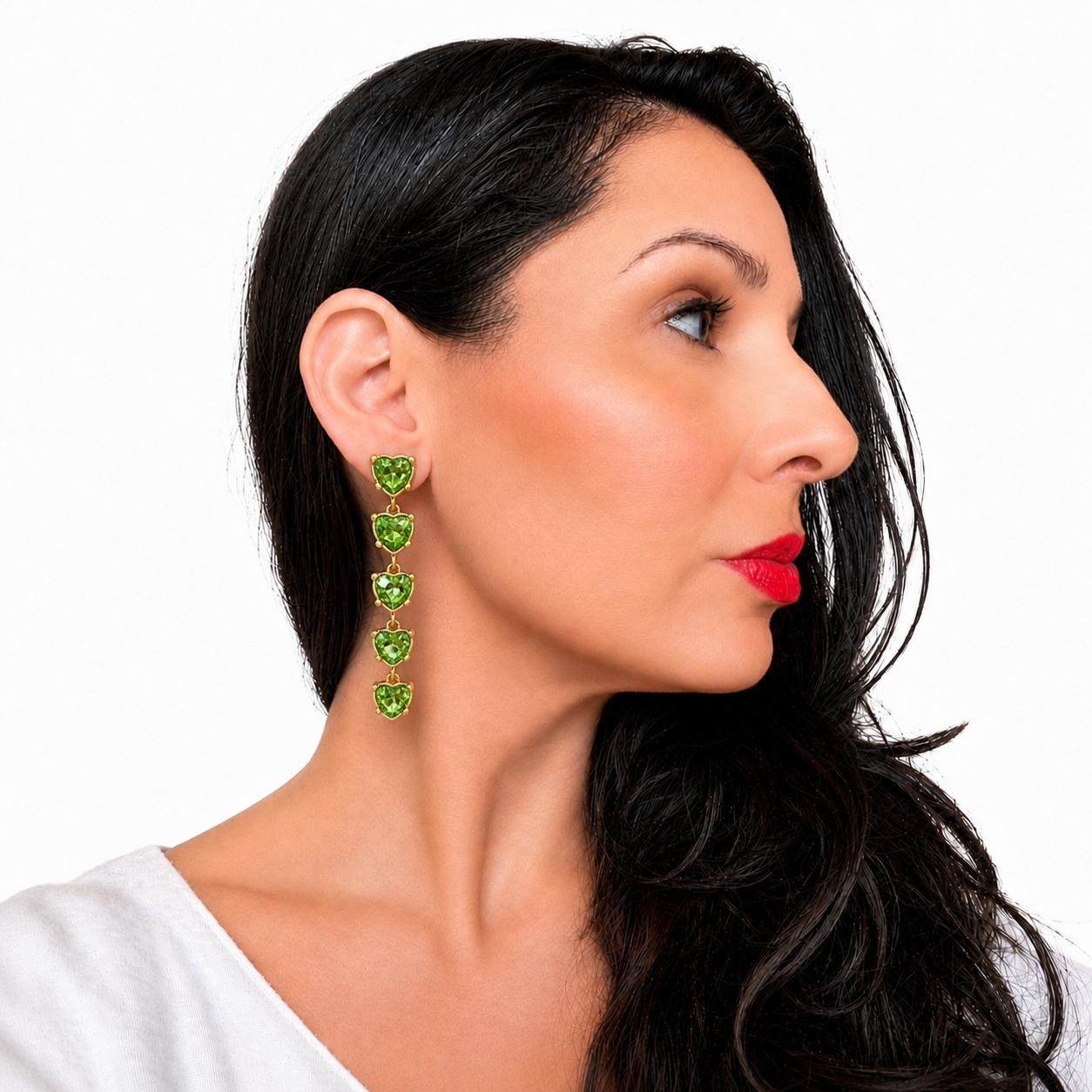 Boucles d’oreilles vintage Oscar de la Renta – Cristaux verts cœur dorés