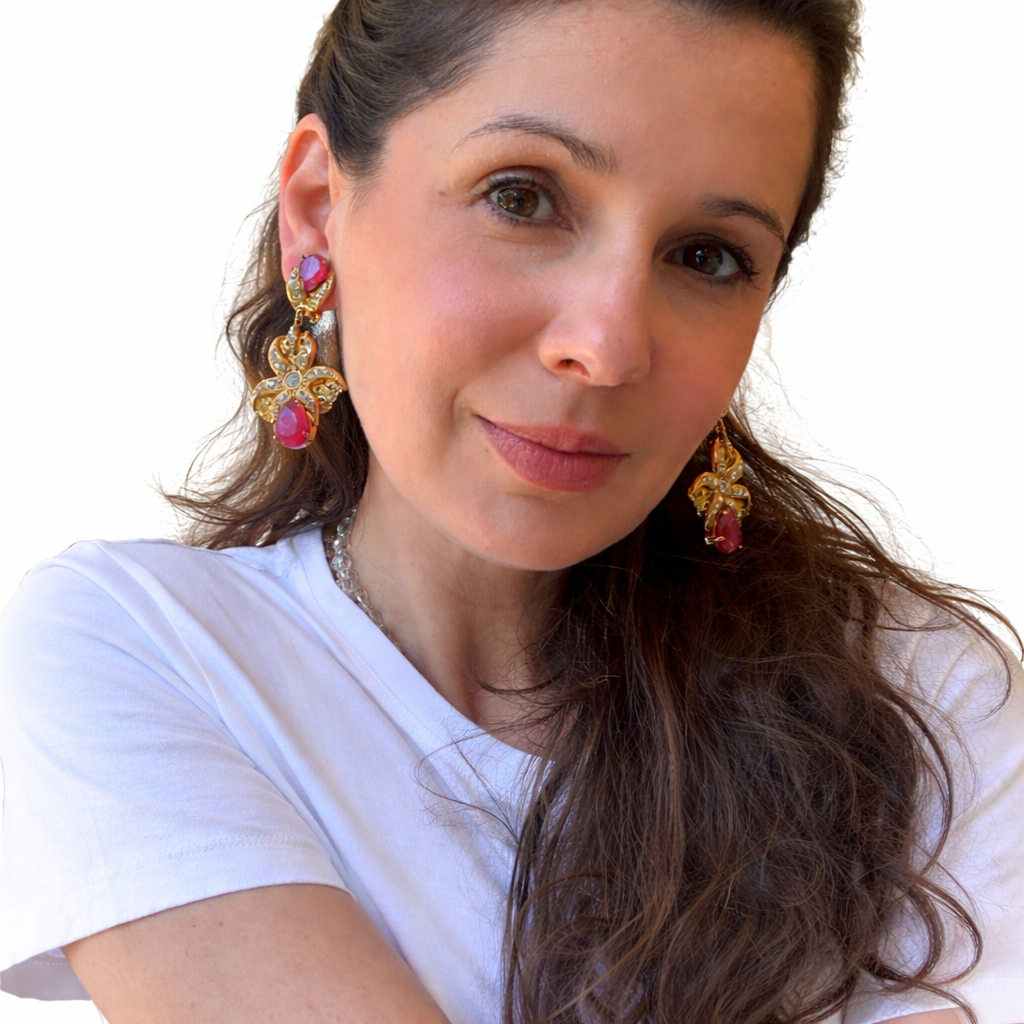 Boucles d’oreilles vintage Nadir – Cristaux roses & dorure baroque – Atelier italien