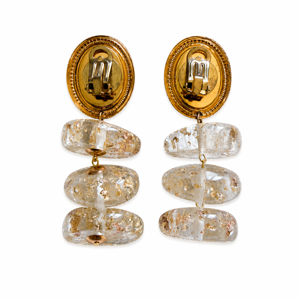 Boucles d'oreilles upcyclées dorées & résine transparente - pièce unique