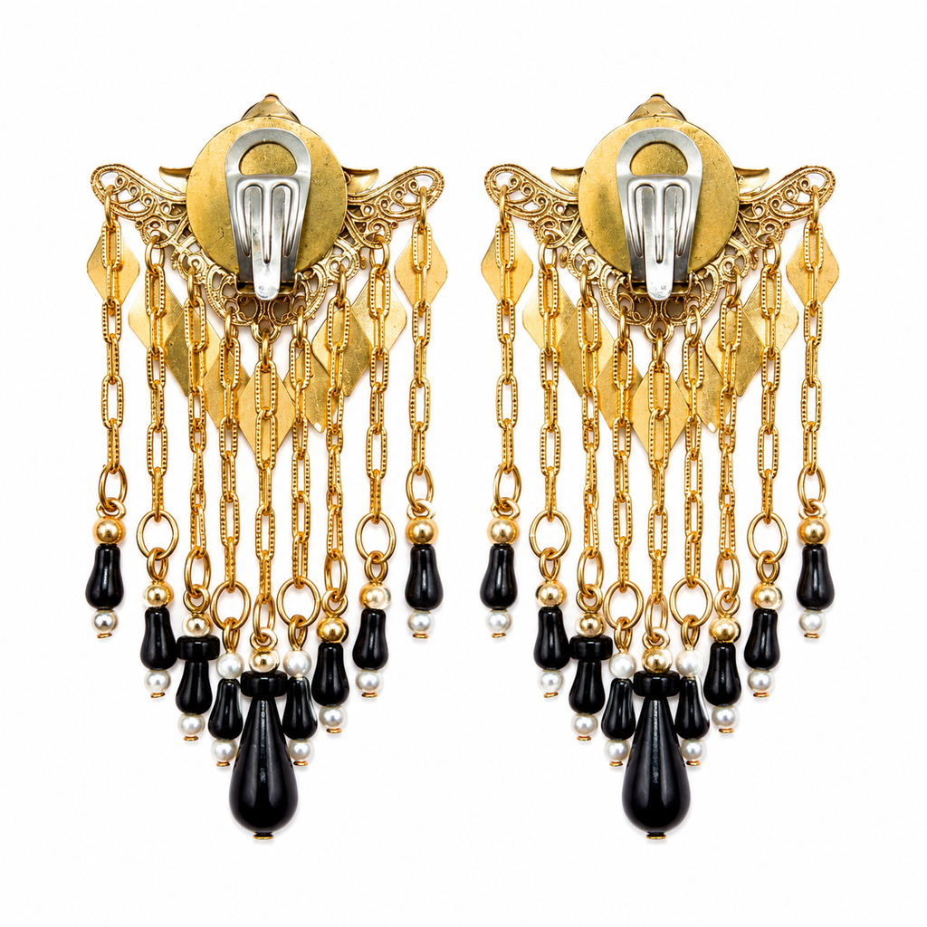 Boucles d’oreilles vintage italiennes à pampilles – strass & perles noires années 80