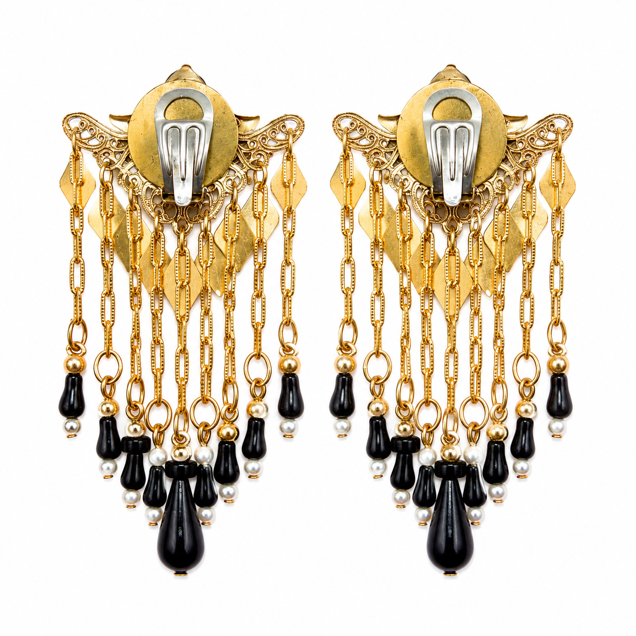 Boucles d’oreilles vintage italiennes à pampilles – strass & perles noires années 80