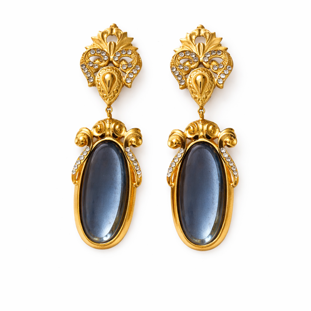 Boucles d’oreilles vintage Nadir– cabochon bleu & dorure baroque – Atelier italien