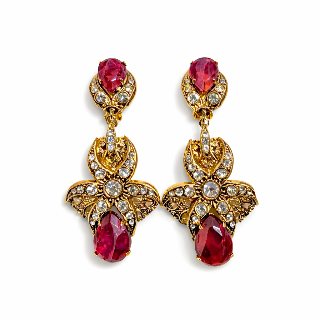 Boucles d’oreilles vintage Nadir – Cristaux roses & dorure baroque – Atelier italien