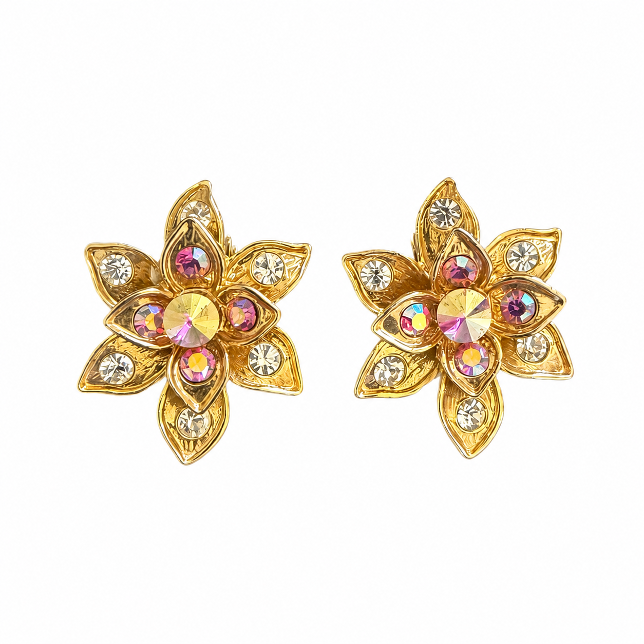 Boucles d'oreilles Fleur Doré cristal rose et irisé