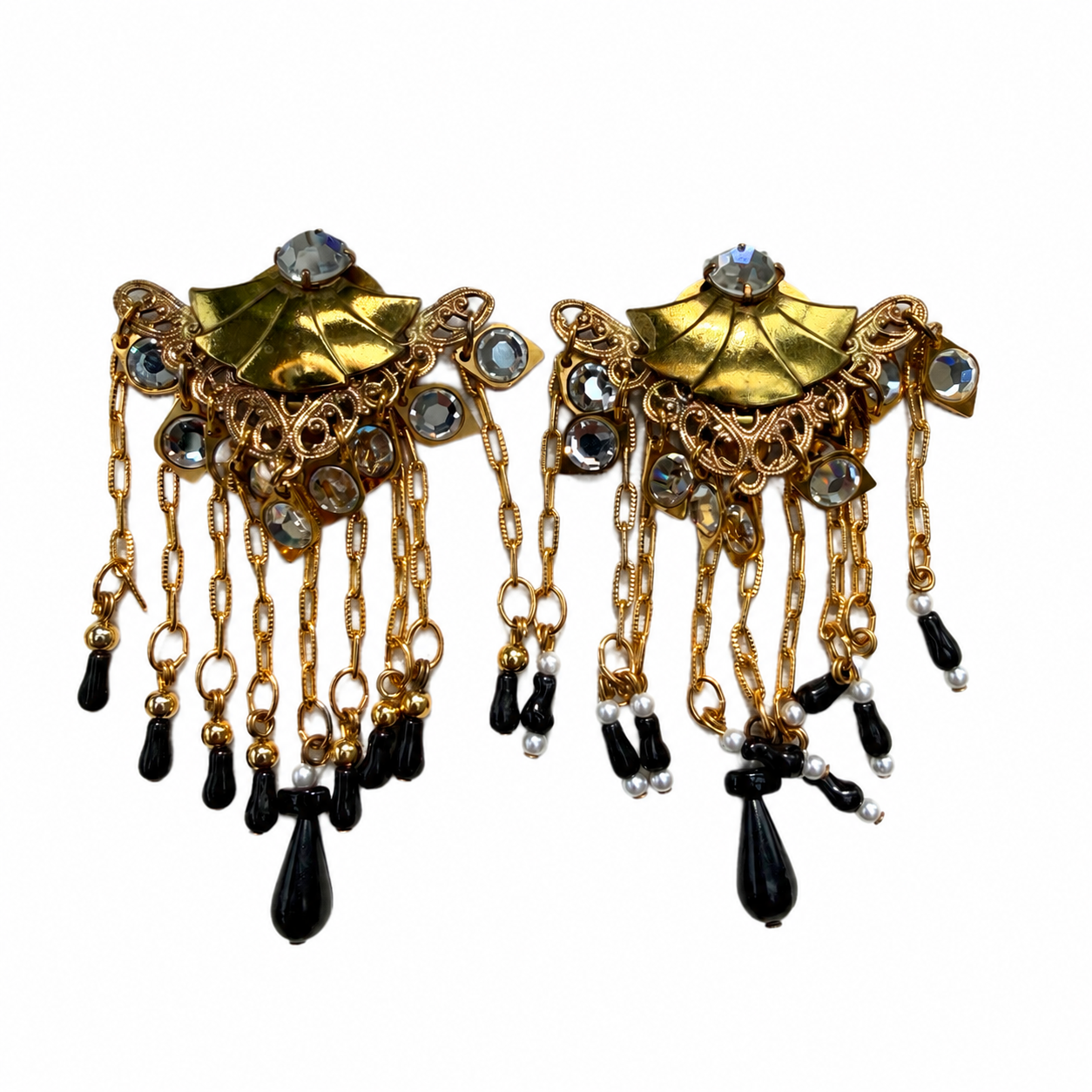 Boucles d’oreilles vintage italiennes à pampilles – strass & perles noires années 80