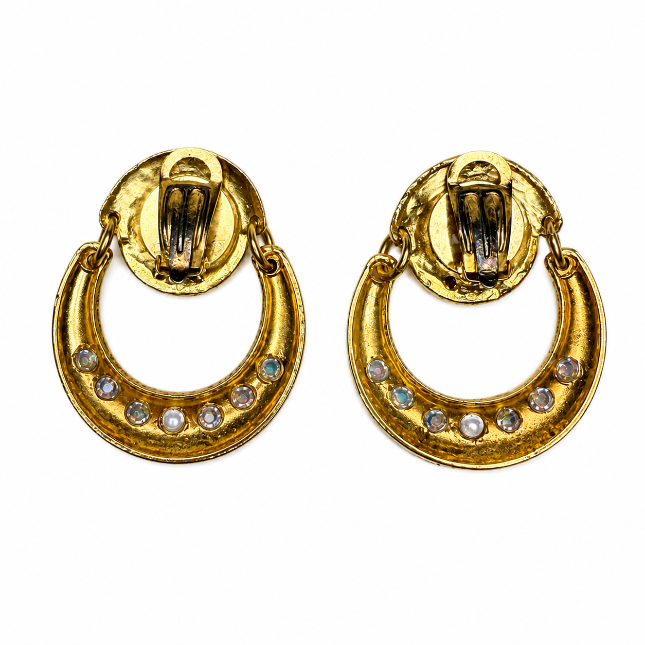 Boucles d’oreilles vintage italiennes années 80 – créoles dorées et cristaux irisés