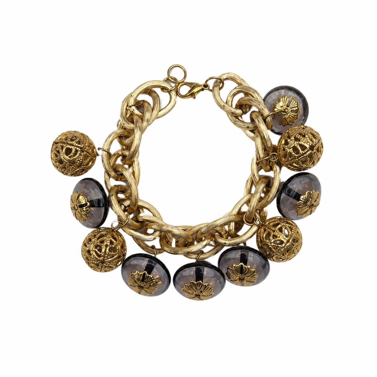 Bracelet vintage italien à pampilles dorées et mauves – années 80