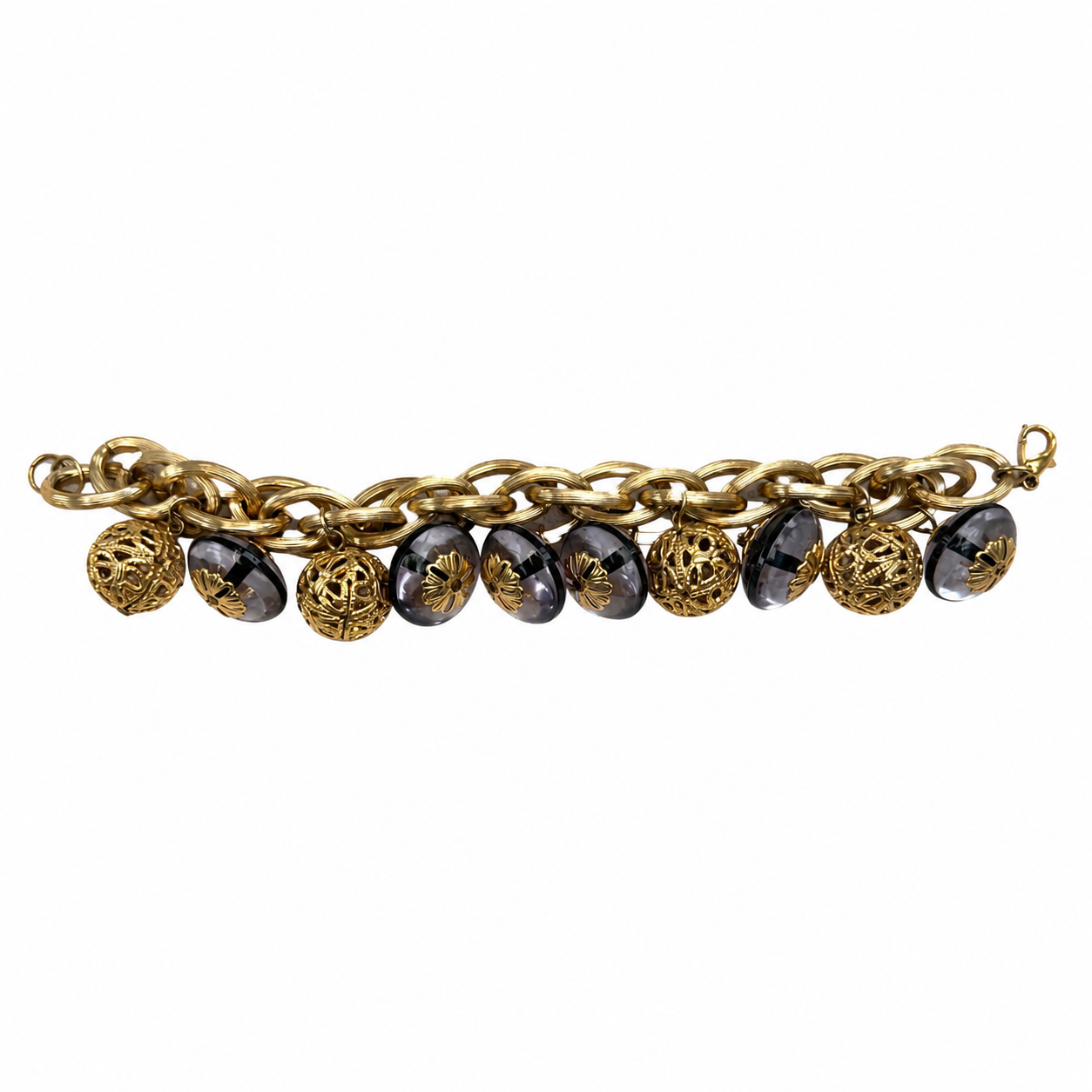 Bracelet vintage italien à pampilles dorées et mauves – années 80