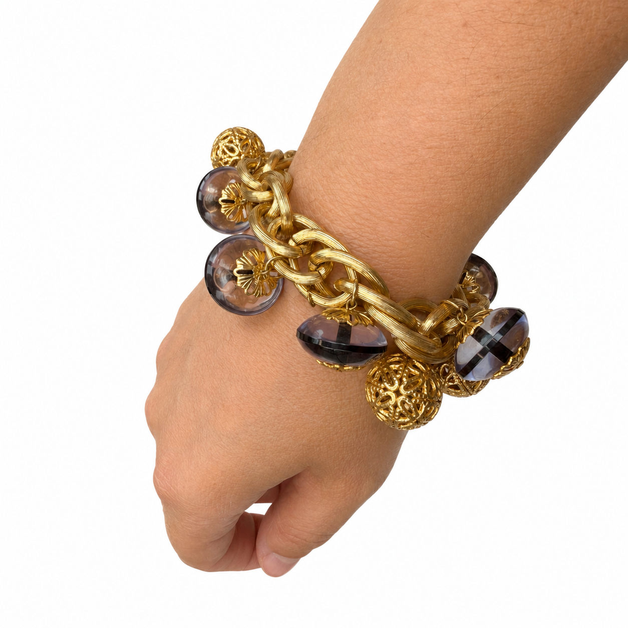 Bracelet vintage italien à pampilles dorées et mauves – années 80