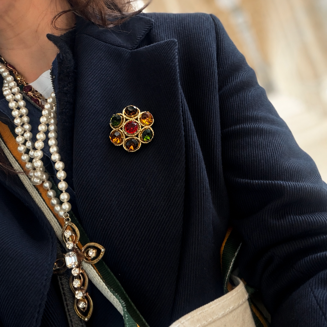 Broche vintage multicolore dorée – Cristaux facettés esprit haute couture